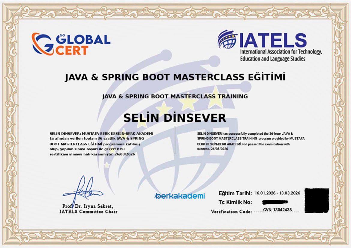 Selin Dinsever Java Masterclass IATELS Sertifikası