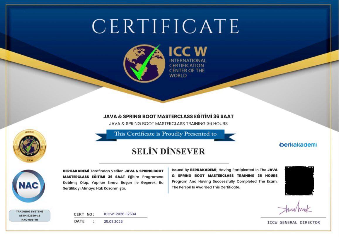 Selin Dinsever Java Masterclass ICCW Sertifikası