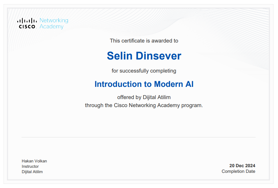 Selin Dinsever Introduction to Modern AI Sertifikası