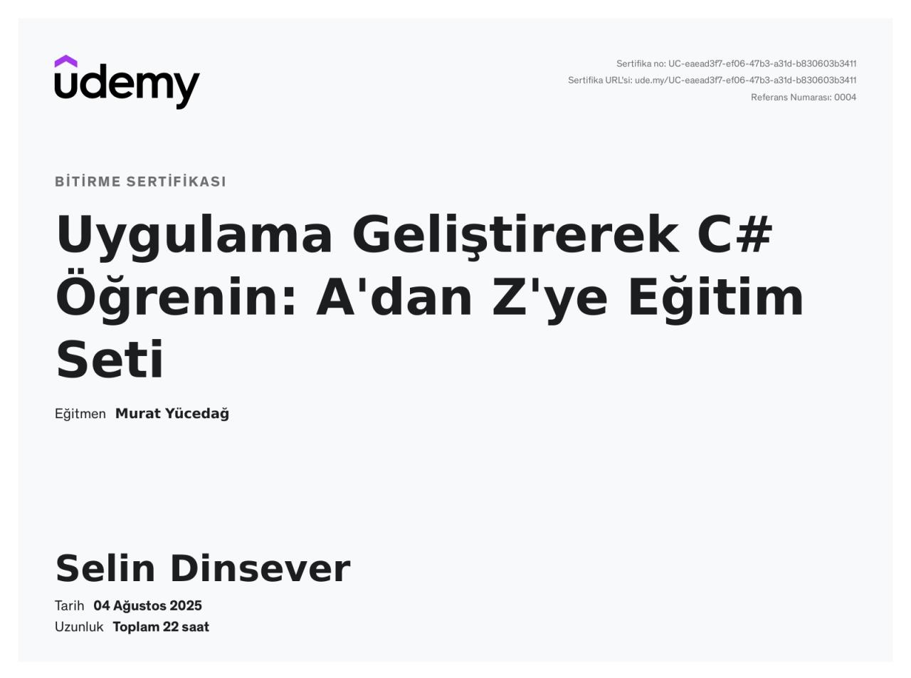 Selin Dinsever Uygulamalı C# Eğitim Kursu Sertifikası