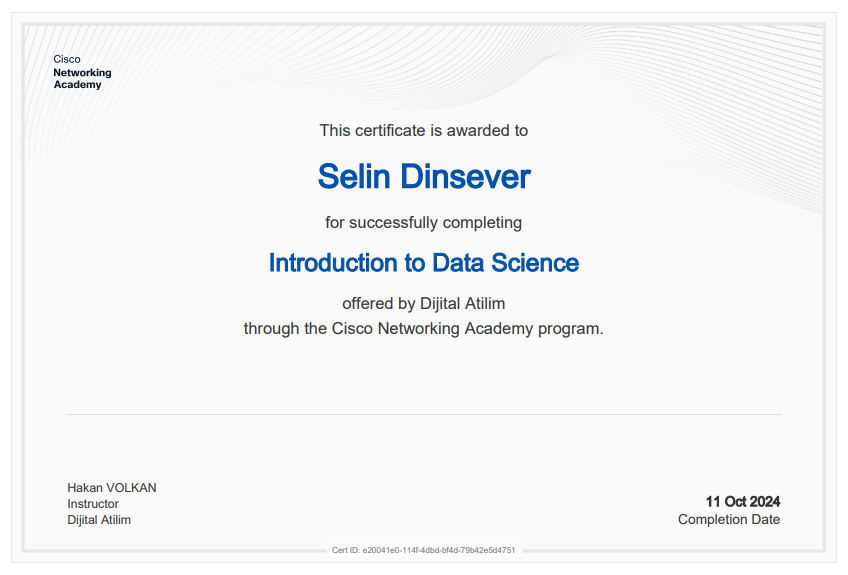 Selin Dinsever Introduction to Data Science Sertifikası