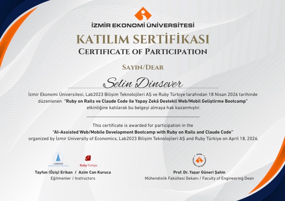 Selin Dinsever Ruby on Rails ve AI Bootcamp Sertifikası