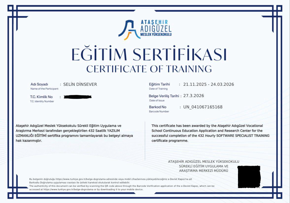 Selin Dinsever Yazılım Uzmanlığı Sertifikası